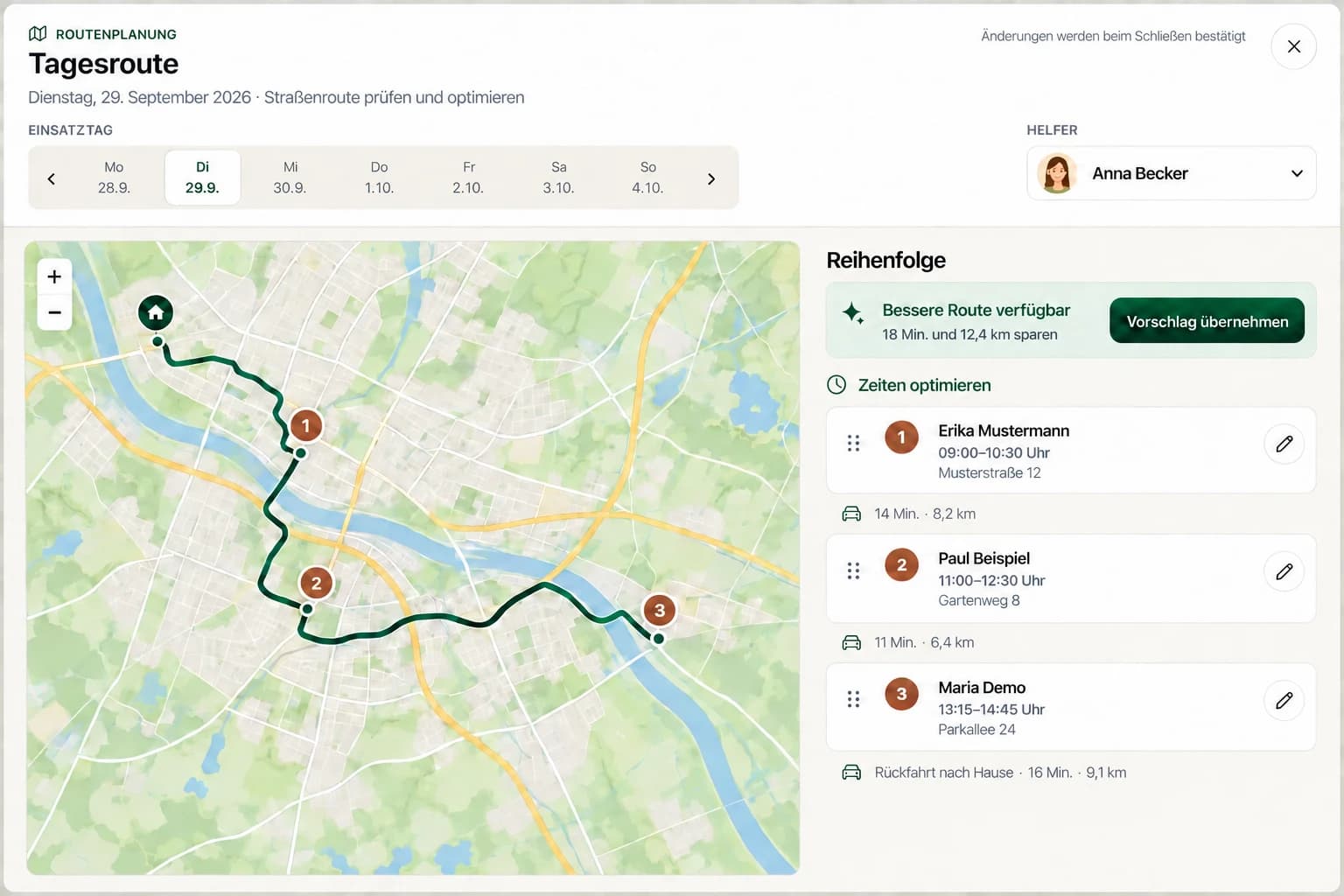 Beispiel der Tagesroutenplanung mit Straßenkarte, Routenvorschlag, Pausenoptimierung und drei sortierbaren Einsätzen