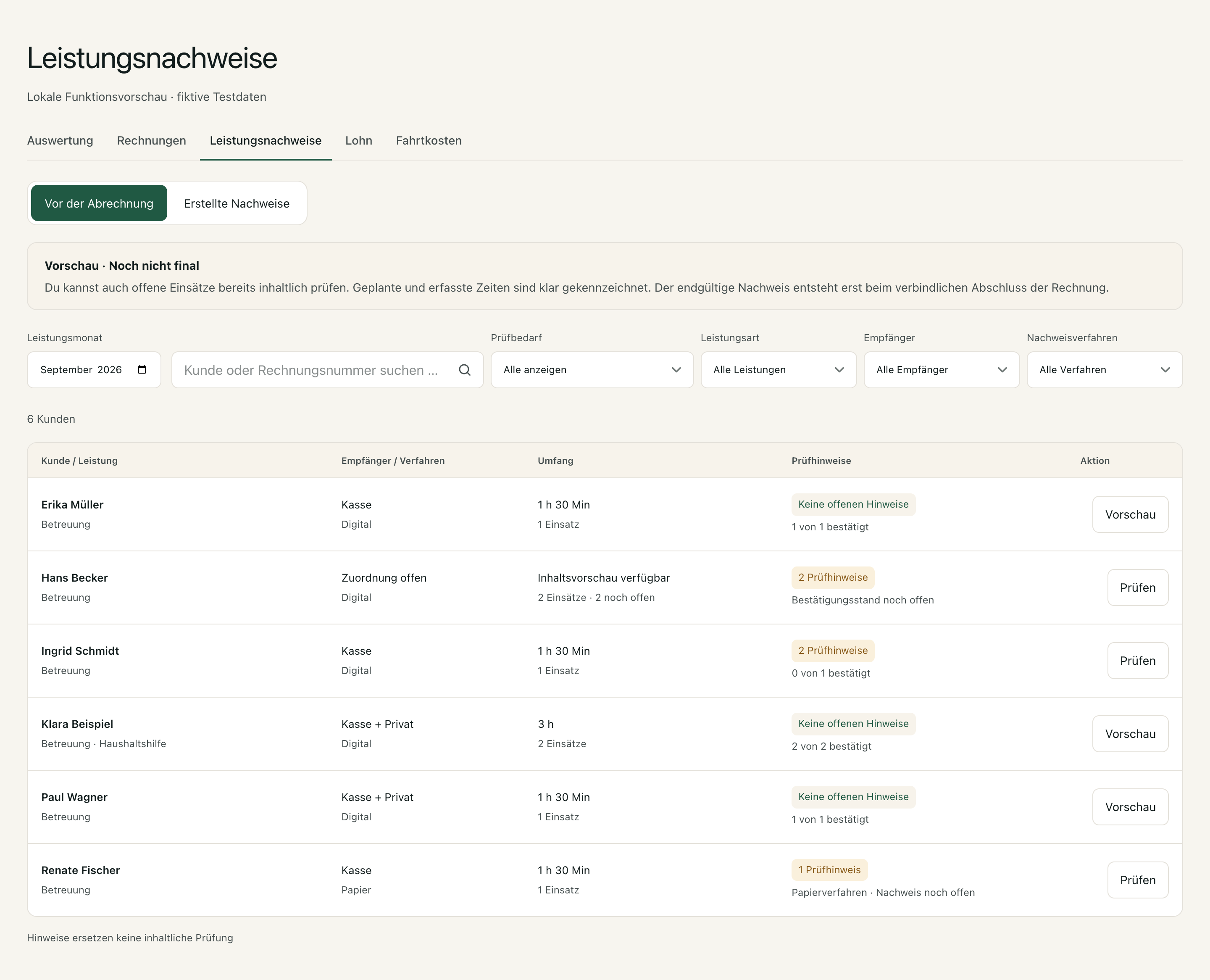 Leistungsnachweise unter Finanzen: Übersicht vor der Abrechnung mit Suche, Filtern und Prüfhinweisen.