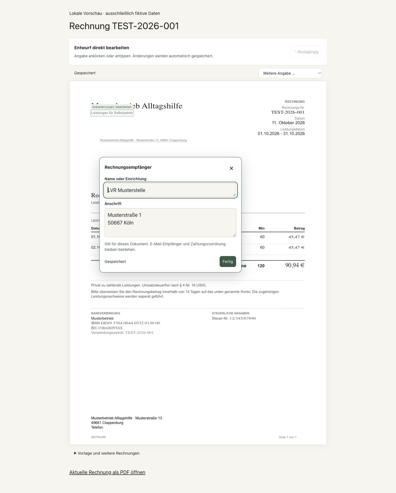 Rechnungsentwurf: Name und Anschrift direkt bearbeiten. Änderungen werden automatisch gespeichert.